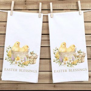 Easter Tea Towels, Set of 2, Easter Chicks in Basket, Yellow, Kitchen or Bath